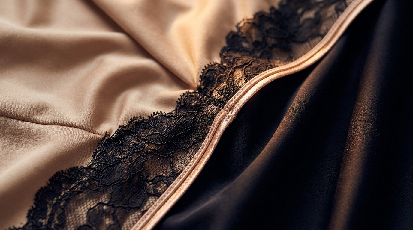 Champagne satin and black lace detail